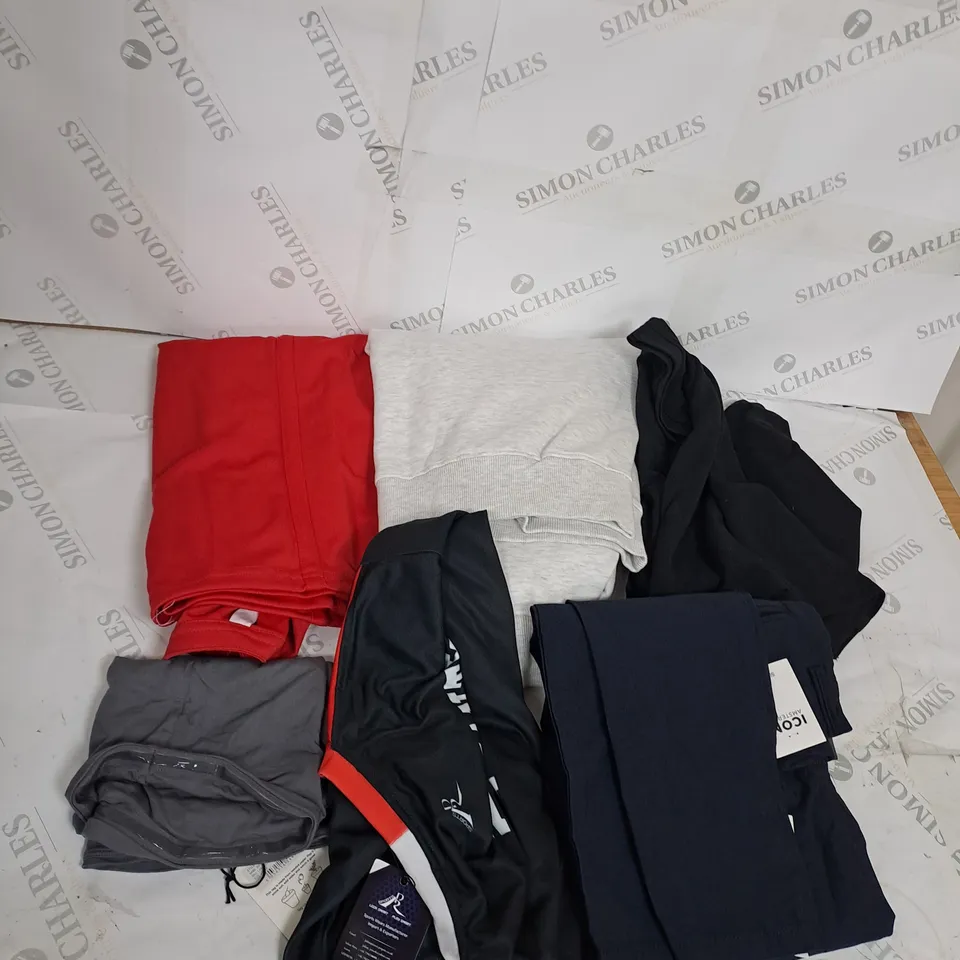 LARGE BOX OF ASSORTED CLOTHING ITEMS IN VARIOUS COLOURS AND SIZES INCLUDING TROUSERS , TOPS AND JUMPERS 