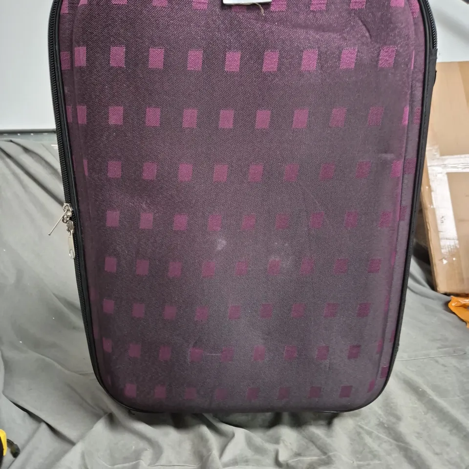 PURPLE PATTERNED CARRY-ON SUITCASE WITH BRAND LABEL (VERIFY BRAND)