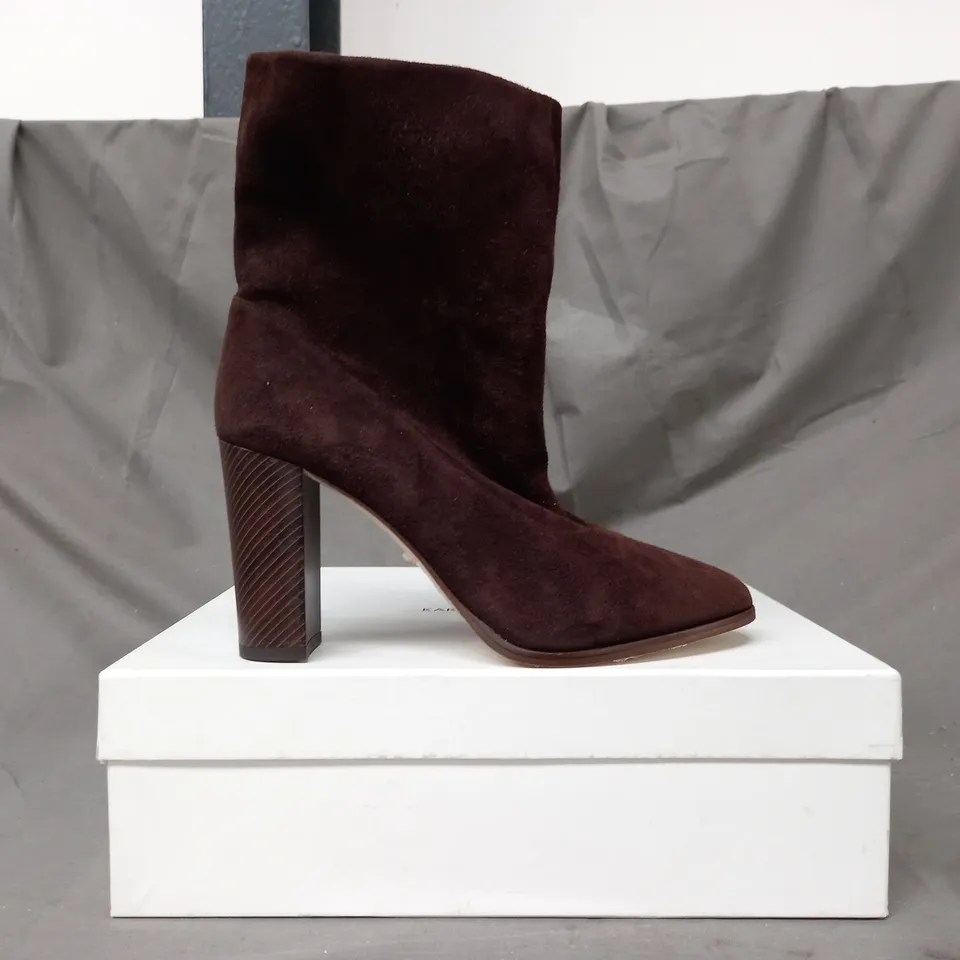 BOXED PAIR OF KAREN MILLEN SAPPHO SHORE SUEDE ANKLE BOOTS IN BROWN EU SIZE 40