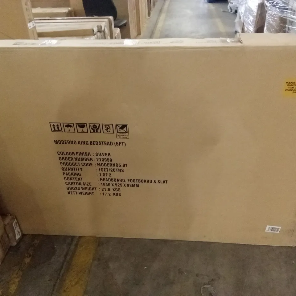 BRAND NEW BOXED MODERNO KING SIZE BED FRAME IN SILVER (2 BOXES)