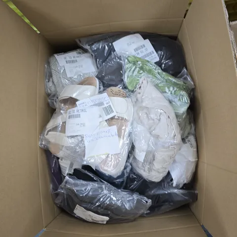 BOX OF APPROXIMATELY 20 ASSORTED CLOTHING ITEMS OF VARIOUS STYLES AND COLOURS 