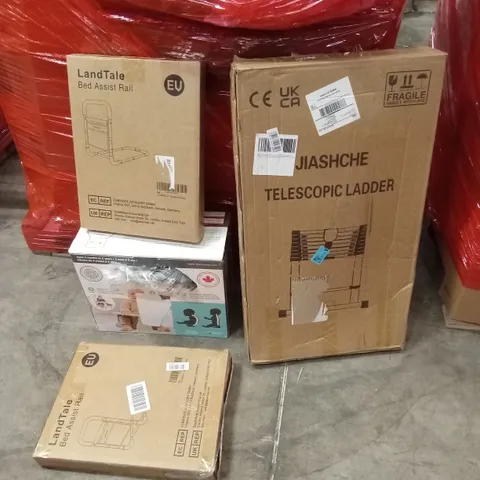 PALLET OF ASSORTED HOUSEHOLD GOODS AND PRODUCTS TO INCLUDE; TELESCOPIC LADDER, BED ASSIST RAIL, BABY UPSEAT ETC