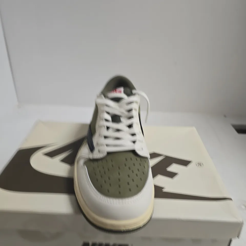 BOXED PAIR OF NIKE AIR JORDAN 1 LOW OG SP OLIVE/WHITE – UK 8