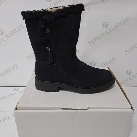 BOXED PAIR OF CLARKS WOMEN'S OPAL BOOTS - BLACK SUEDE // SIZE: 3 UK