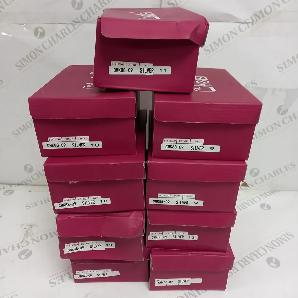 APPROXIMATELY 9 BOXED PAIR KELSI KIDS BUTTERFLY EMBROIDERED LOAFERS IN SILVER TO INCLUDE SIZES 1, 9, 10, 11, 13