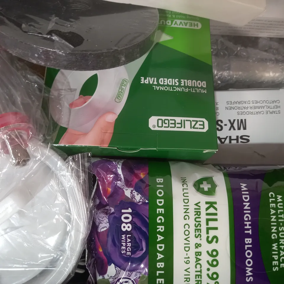 APPROXIMATELY 15 ASSORTED HOUSEHOLD ITEMS TO INCLUDE DOUBLE SIDED TAPE, FOLDABLE METAL CANE, CUTTING WHEEL, ETC