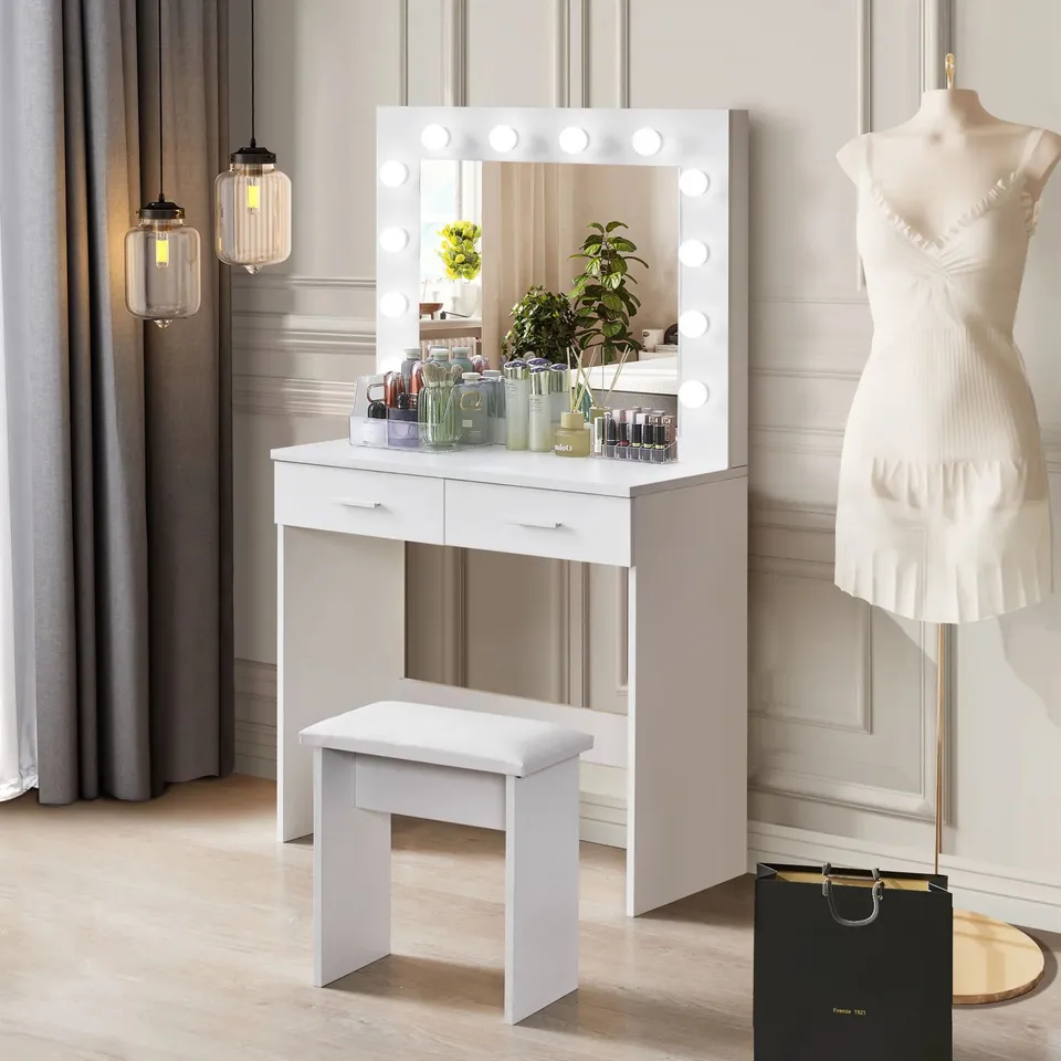 BRAND NEW BOXED CLIPOP WHITE MAKEUP VANITY WITH LED MIRROR AND PADDED STOOL, 2 DRAWERS,3 COLORS LIGHTING FOR BEDROOM (1 BOX)