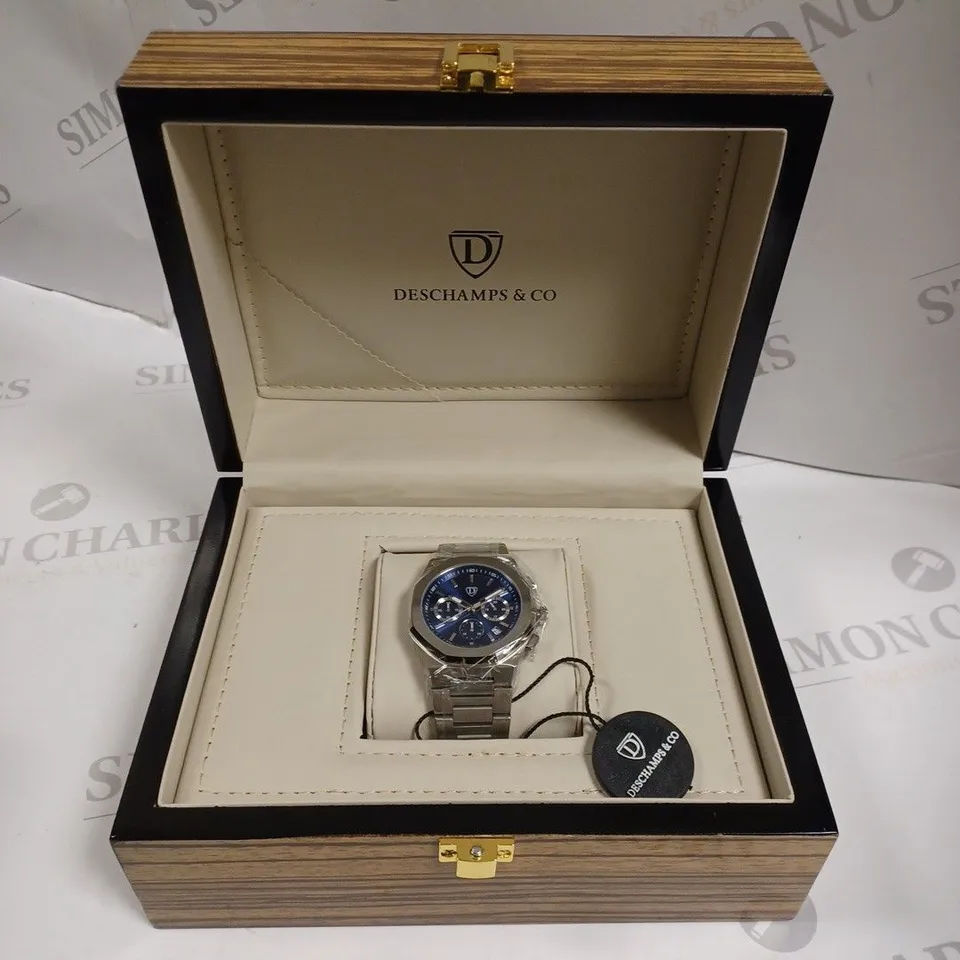 MENS RAYMOND GAUDIN CHRONOGRAPH WATCH – SUB DIALS WITH DATE – STAINLESS CASE & STRAP – 5ATM WATER RESISTANT - WOODEN GIFT BOX