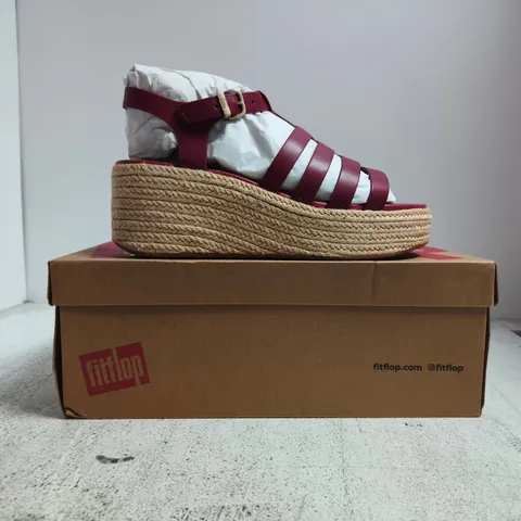BOXED PAIR OF FITFLOP PLATFFORMS ESPADR LEATHER FISHERMAN WEDGE SANDALS IN BURNT BERRY SIZE UK 7