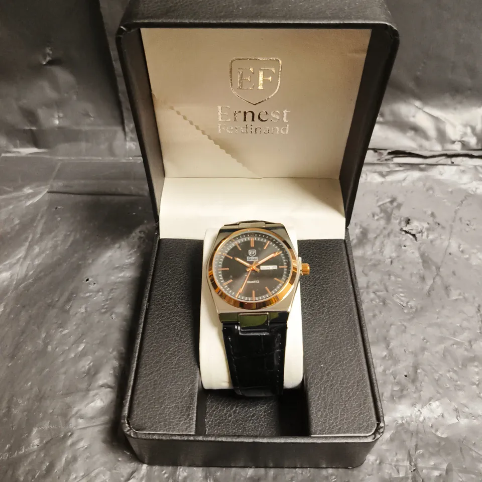 MENS ERNEST FERDINAND WATCH – DAY DATE CALENDAR DIAL – LEATHER STRAP