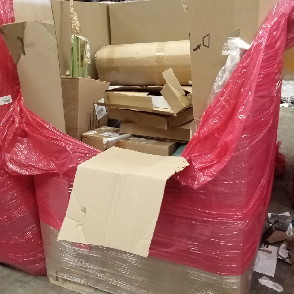 PALLET OF ASSORTED HOUSEHOLD GOODS AND PRODUCTS TO INCLUDE; TODDLER TOWER, POSTER FRAMES, BOXED FURNITURE ETC 