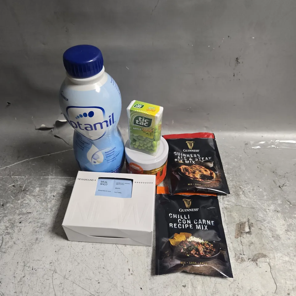 APPROXIMATELY 5 ASSORTED FOOD AND DRINK ITEMS TO INCLUDE APTAMIL, TIC TACS AND PEANUT BUTTER
