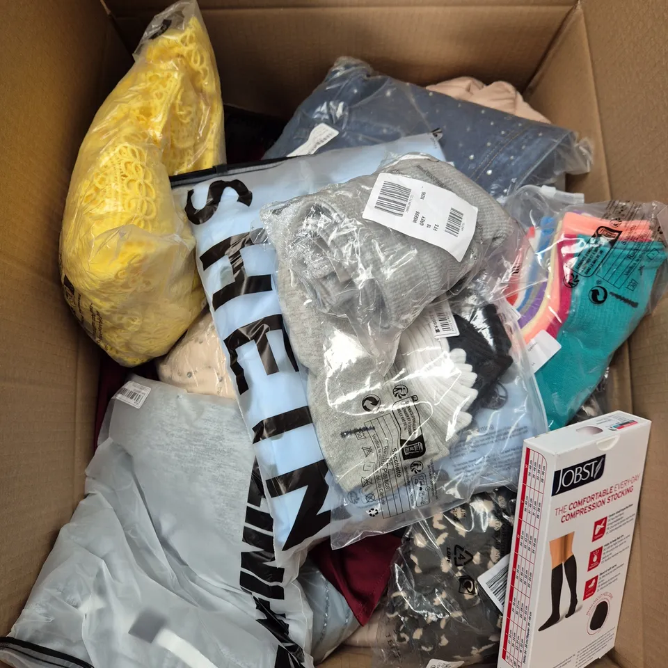 LARGE BOX OF ASSORTED CLOTHING ITEMS IN VARIOUS SIZES, STYLES AND COLOUR 