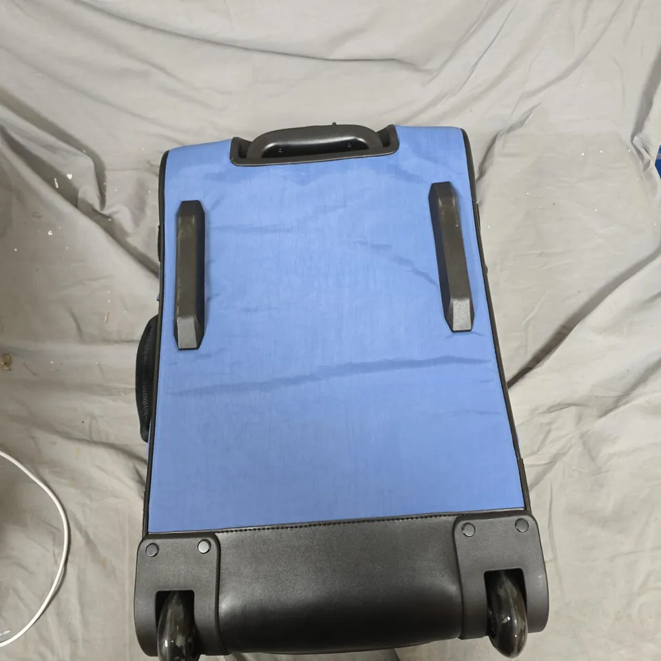 BLUE ROLLING TRAVEL BAG WITH WHEELS, TOP HANDLE AND FRONT ZIP POCKET