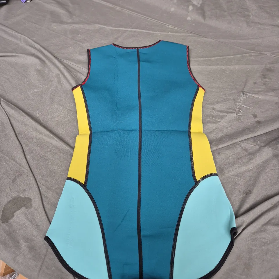 SEAL NEOPRENE WETSUIT VEST – TEAL WITH YELLOW & LIGHT BLUE PANELS, FRONT ZIP