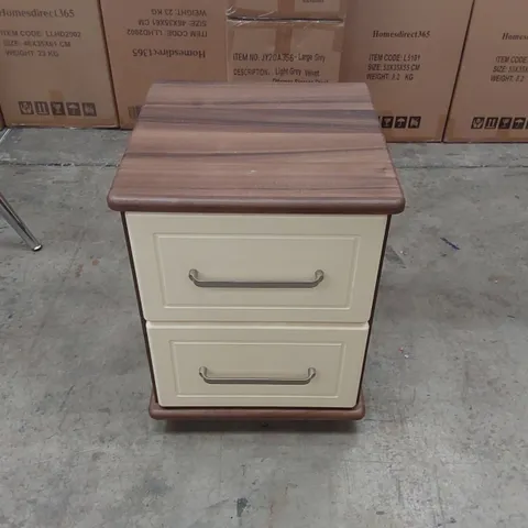 DESIGNER WOODEN 2 DRAWER BEDSIDE TABLE ON WHEELS