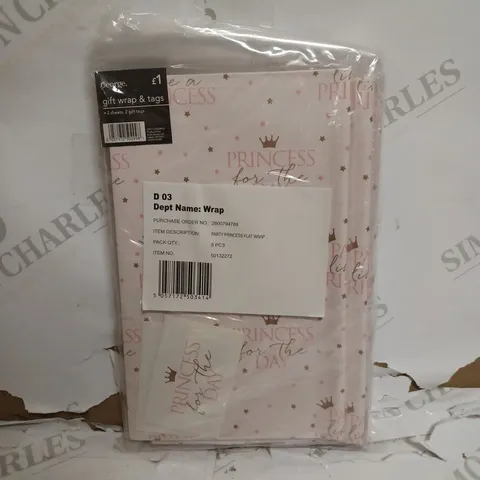 BOX OF APPROXIMATELY 160 BRAND NEW PARTY PRINCESS GIFT WRAP AND GIFT TAGS SET - 8 PER BAG 20 IN BOX