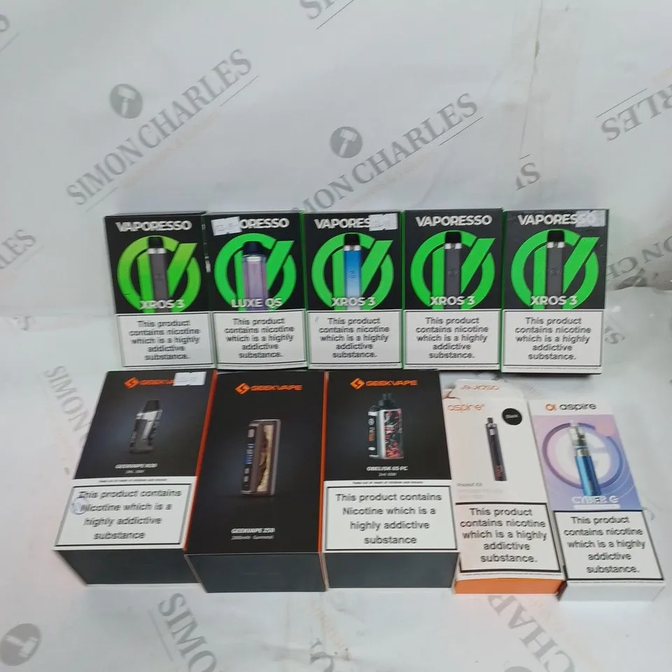 BOX OF APPROXIMATELY 10 ASSORTED E-CIGARETTE PRODUCTS & ACCESSORIES TO INCLUDE VAPORESSO, GEEK VAPE, & ASPIRE 