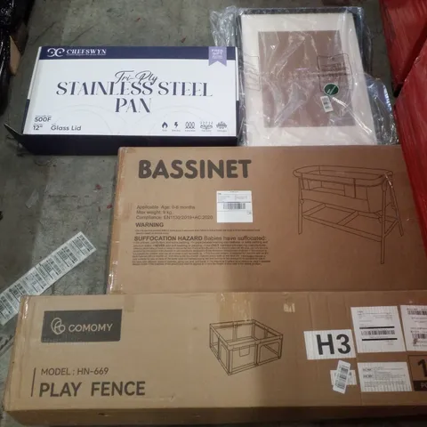 PALLET CONTAINING ASSORTED PRODUCTS INCLUDING PLAY FENCE, BASSINET, PICTURE FRAME & TRI-PLY STAINLESS STEEL PAN