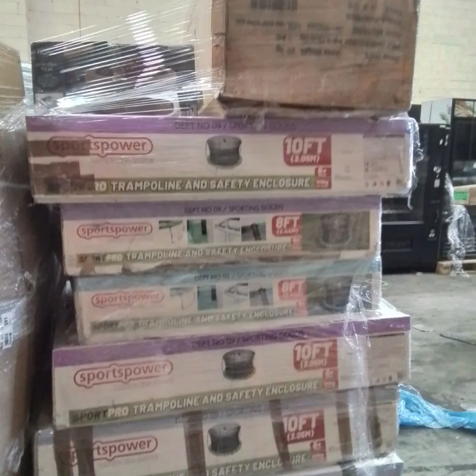 PALLET OF ASSORTED HOUSEHOLD GOODS AND PRODUCTS TO INCLUDE;12 SPORTSPOWER SPORTS PRO 8FT AND 10FT TRAMPOLINES,STATEMENT EGG CHAIR,STONE EFFECT FIRE PIT