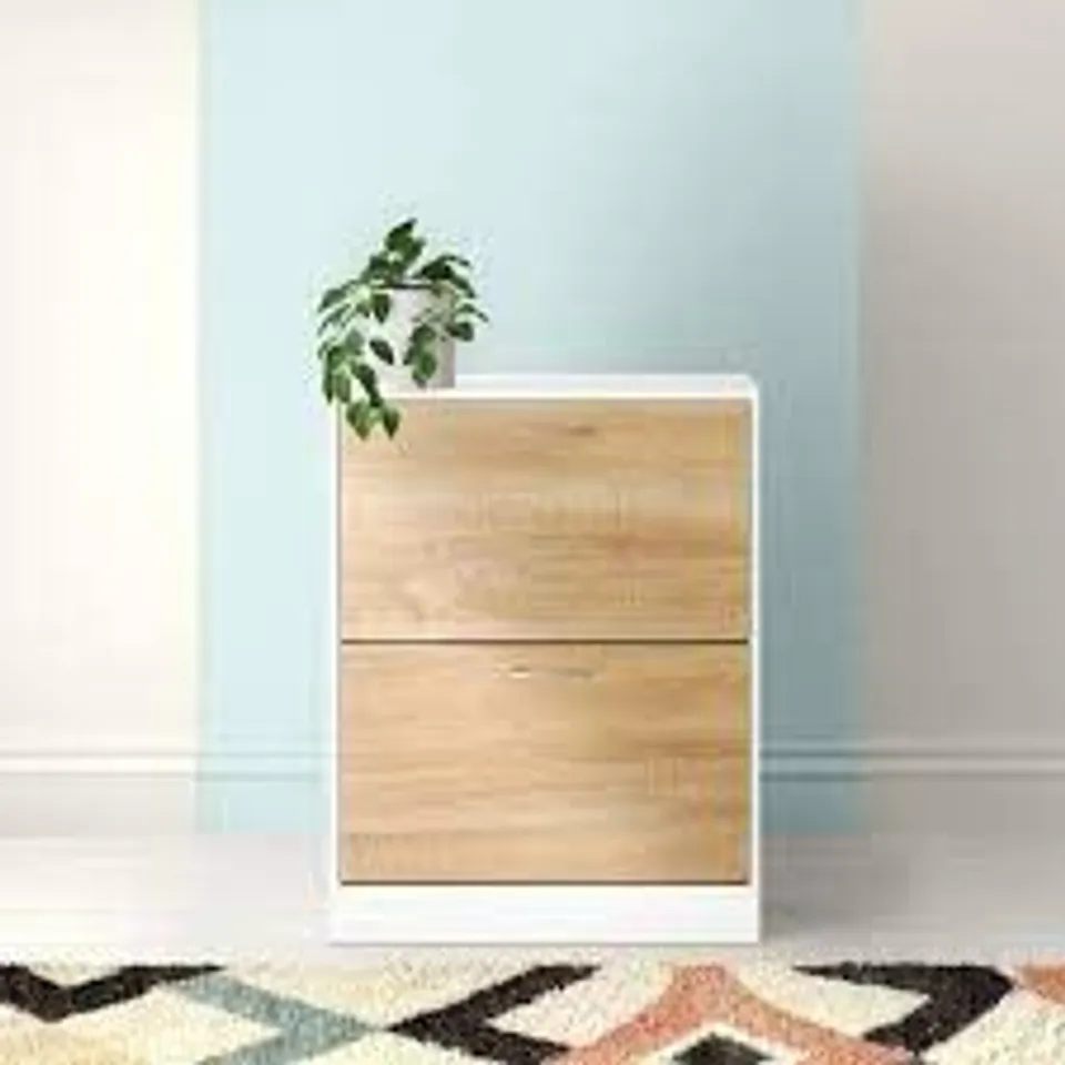 BOXED 15 PAIR SHOE STORAGE CABINET OAK/WHITE