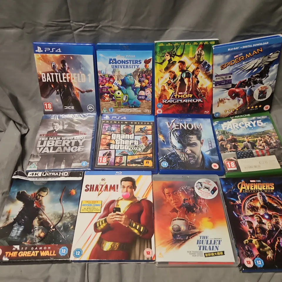 APPROXIMATELY 24 ASSORTED DVDS & GAMES TO INCLUDE GTA V (PS4), SPIDERMAN HOMECOMING, THOR RAGNORAK, ETC