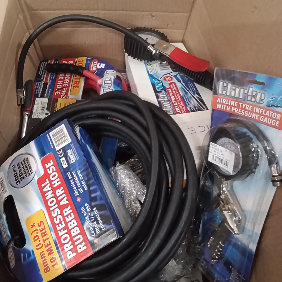 BOXED OF ASSORTED TOOLS TO INCLUDE - AIRLINE TYRE INFLATOR WITH GAUGE, DEEP IMPACT SOCKET SET, PRESSURE VALVE