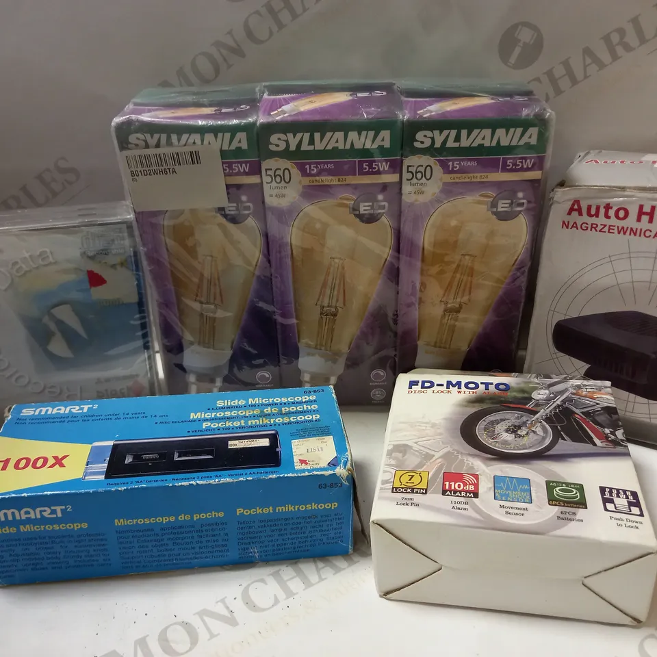 LOT OF APPROX 12 ASSORTED TOOLS & EQUIPMENT TO INCLUDE AUTO HEATER FAN, SLIDE MICROSCOPE, AIR FILTER, ETC