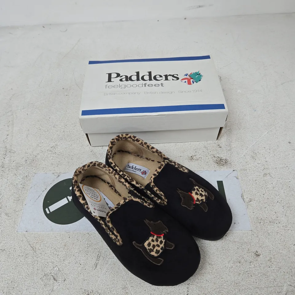 PADDERS DANDIE SLIPPERS – BLACK WITH LEOPARD PRINT TRIM, UK 4 (4EE WIDTH)