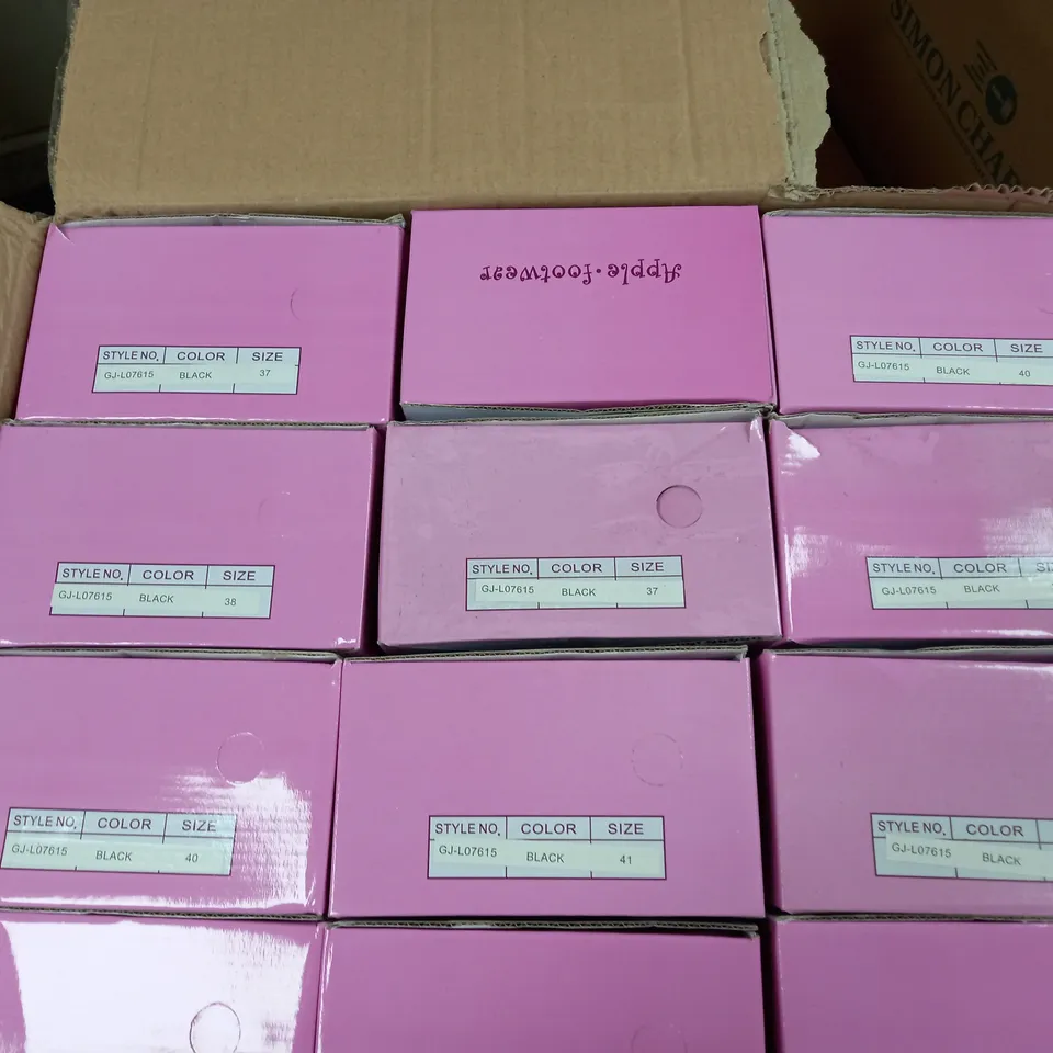 APPROXIMATELY 12 BOXED PAIRS OF APPLE FOOTWEAR BLOCK HEEL SANDALS IN BLACK VARIOUS SIZES TO INCLUDE SIZES 37, 38, 39