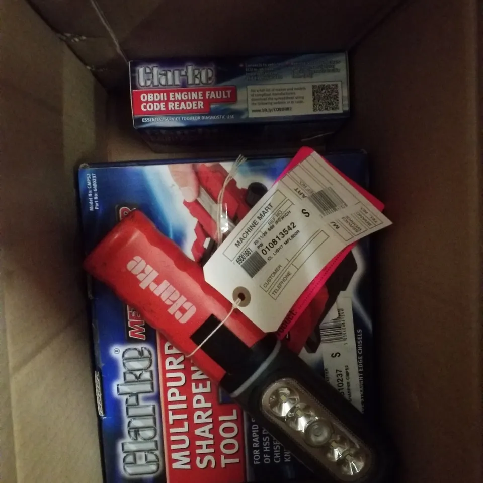 BOX CONTAINING ASSORTED PRODUCTS INCLUDING MULTIPURPOSE SHARPENING TOOL, OBDII ENGINE FAULT CODE READER & RECHARGEABLE MULTI FUNCTION WORK LIGHT