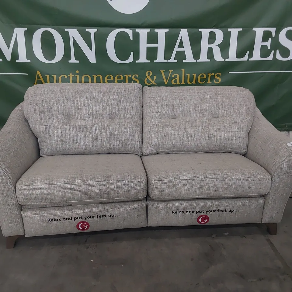 QUALITY BRITISH DESIGNER G PLAN HATTON POWER RECLINING FORMAL BACK THREE SEATER SOFA SEA STONE FABRIC 