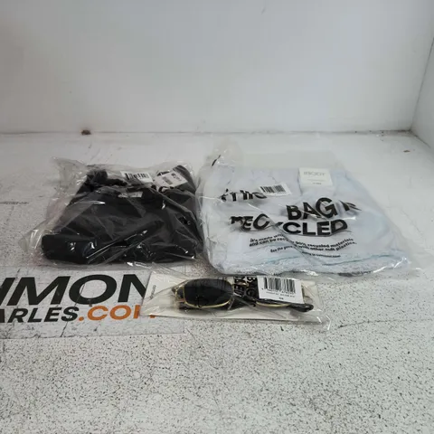 BOX OF APPROXIMATELY 28 ASSORTED CLOTHING ITEMS TO INCLUDE COTTON SOFT LACE TRIM SHORTS, SUNGLASSES, SCOOP LONG SLEEVE ETC
