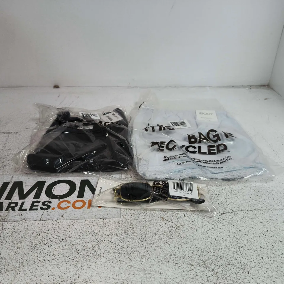 BOX OF APPROXIMATELY 28 ASSORTED CLOTHING ITEMS TO INCLUDE COTTON SOFT LACE TRIM SHORTS, SUNGLASSES, SCOOP LONG SLEEVE ETC