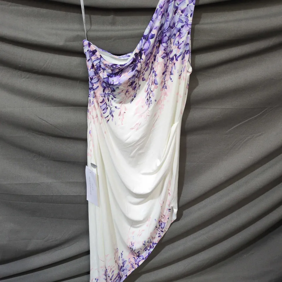 CLUB L LONDON SYBIL WISTERIA FLORAL PRINT ASYMMETRIC MIDI DRESS – UK 16