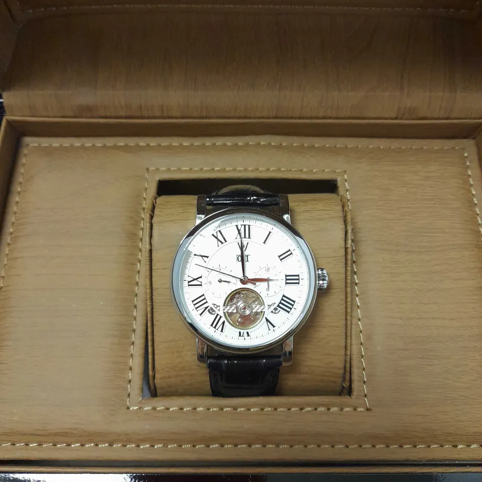 WILLIAM JOURDAIN PART SKELETON WAVE DIAL LEATHER STRAP WATCH