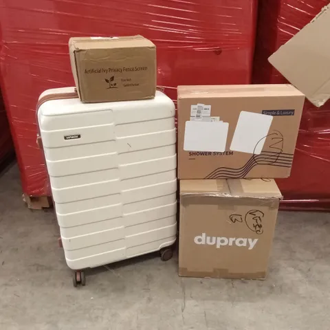 PALLET OF ASSORTED HOUSEHOLD GOODS AND PRODUCTS TO INCLUDE; SUITCASE, SHOWER SYSTEM, RUG, IVY PRIVACY FENCE ETC