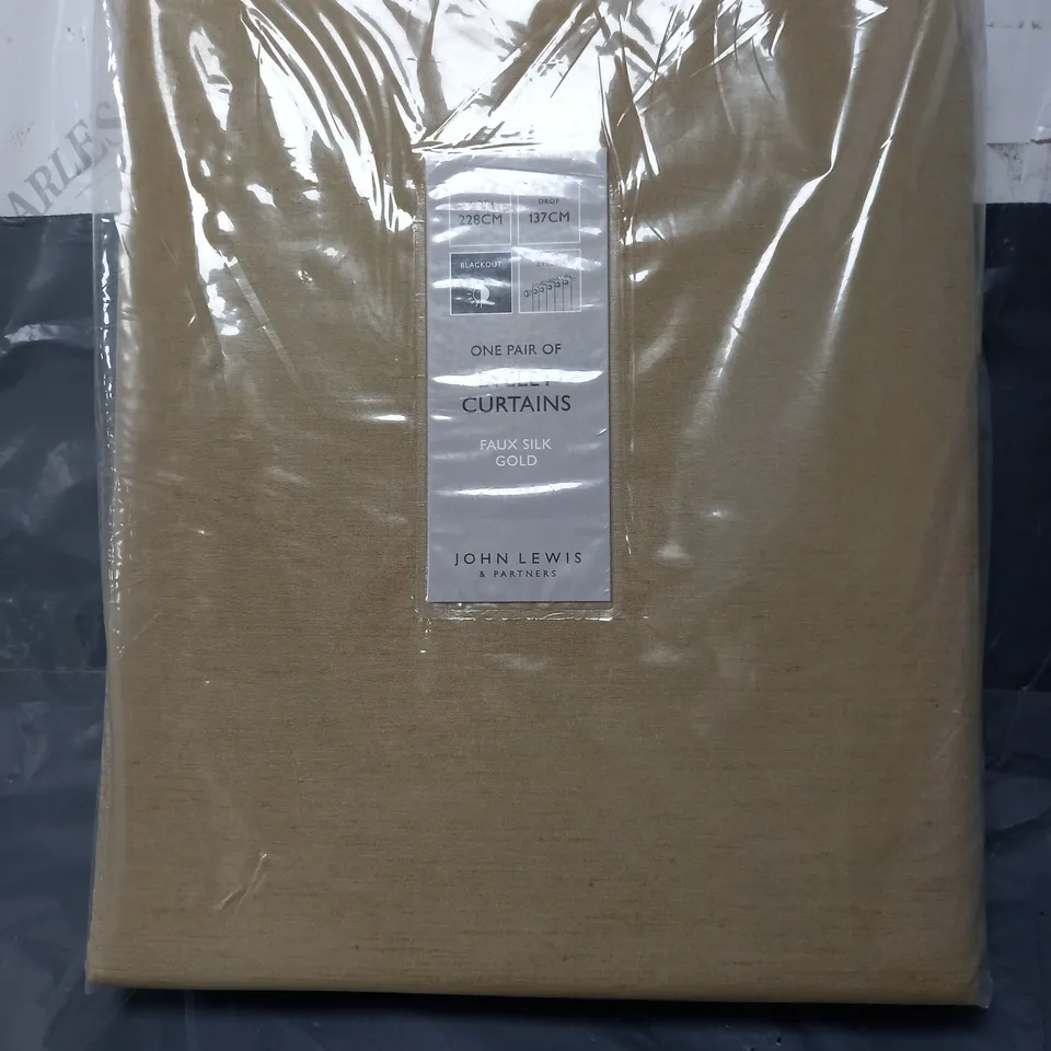 JOHN LEWIS BLACK OUT EYELET CURTAINS IN FAUX SILK GOLD 228CMX137CM