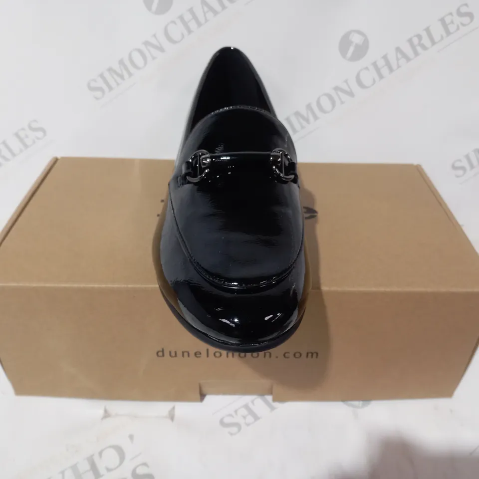 BOXED PAIR OF DUNE LONDON LOAFERS IN GLOSSY BLACK SIZE 6
