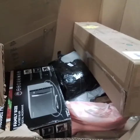PALLET OF ASSORTED HOUSEHOLD GOODS AND PRODUCTS TO INCLUDE;MICROWAVE,TOWER FAN,LADDER