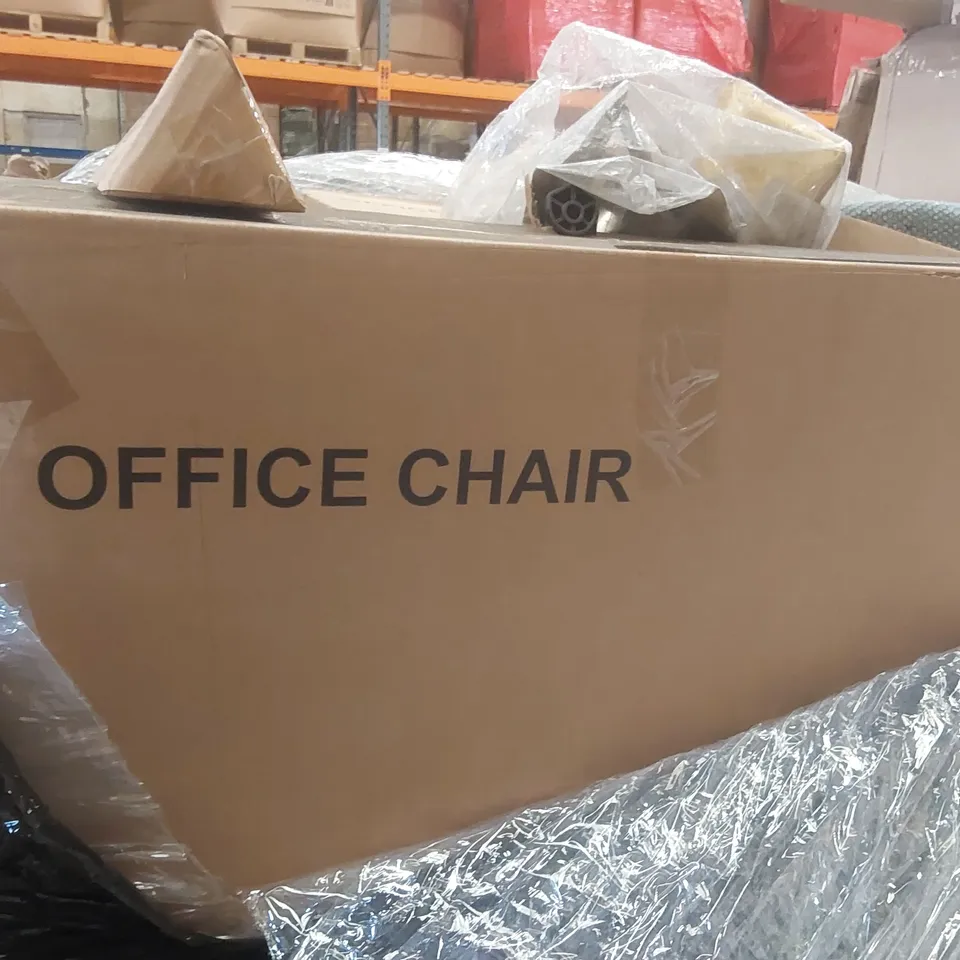 PALLET CONTAINING A LARGE QUANTITY OF ASSORTED ITEMS INCLUDING: OFFICE CHAIRS, CURTAIN RAIL ECT
