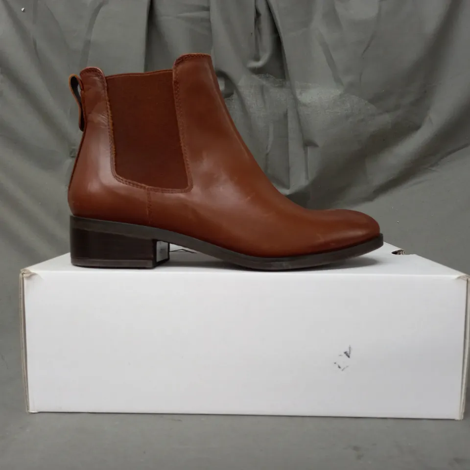 BOXED PAIR OF ALDO MEAVEN LEATHER ANKLE BOOTS IN BROWN UK SIZE 3