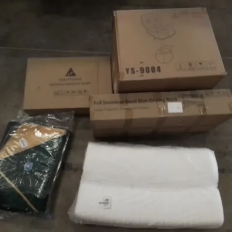 PALLET OF UNPROCESSED ITEMS TO INCLUDE OTTOMAN STORAGE, BOXED KITCHEN STOOL, AND DISH DRYING RACK