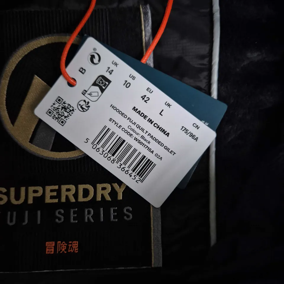 SUPERDRY FUJI SERIES HOODED PADDED GILET – BLACK, UK 14 (US 10, EU 42)
