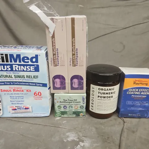 APPROX 10 ASSORTED ITEMS TO INCLUDE - NEILMED SINUS RINSE KIT; TOOTHPASTE (2 BOXES); ORGANIC TURMERIC POWDER; TEA TREE OIL ANTIFUNGAL CREAM; RAYHONG QUICK EFFECT COATING AGENT
