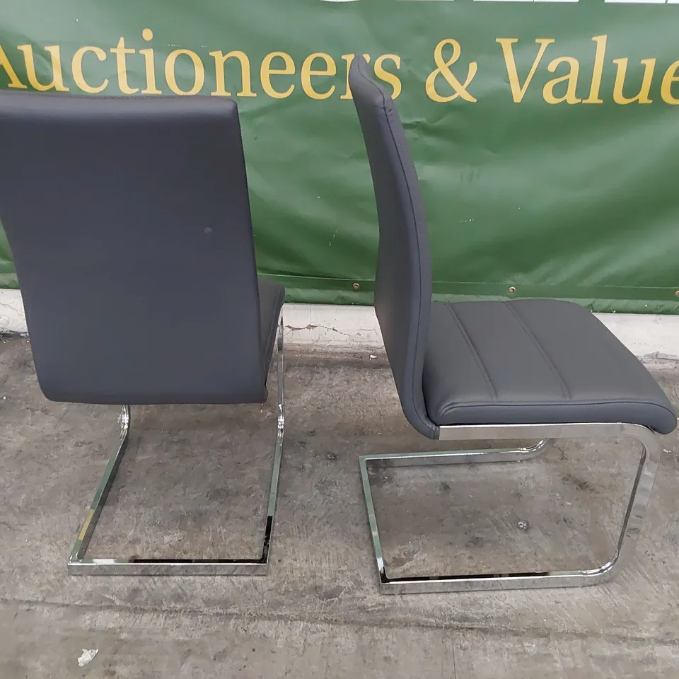PAIR UPHOLSTERED DINING CHAIRS GREY PU ON CHROME FRAMES 