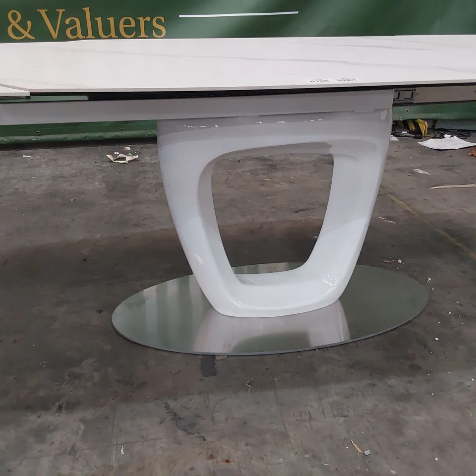DESIGNER EXTENDING OVAL DINING TABLE WHITE MARBLE EFFECT TOP ON WHITE GLOSS PEDESTAL