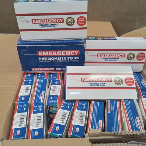 BOX CONTAINING LARGE AMOUNT OF NON MEDICAL FACE MASKS AND EMERGENCY THERMOMETER STRIPS