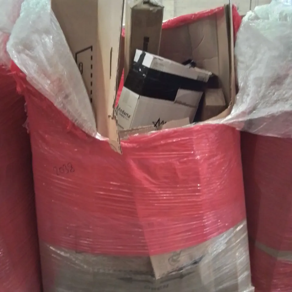 PALLET OF ASSORTED HOUSEHOLD ITEMS TO INCLUDE AIR COOLER, PET SCRATCHER AND DECORATIVE FENCE