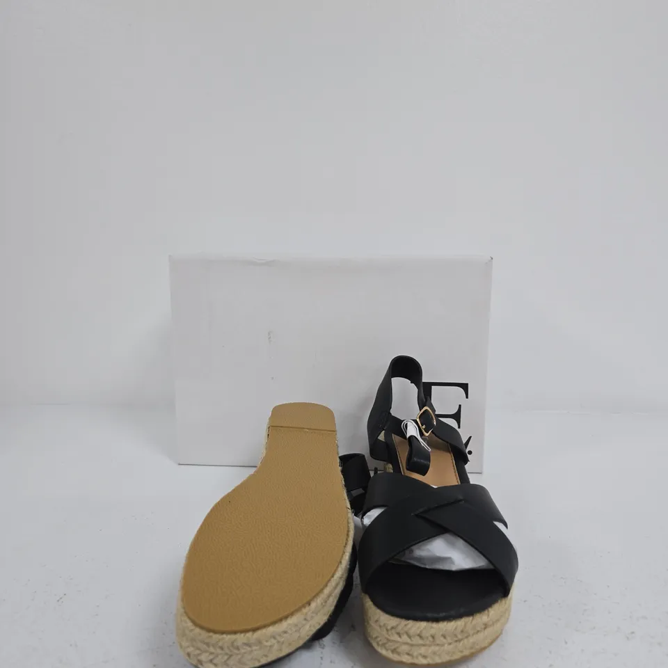 WOMEN'S BLACK ESPADRILLE WEDGE SANDALS – CROSS-STRAPS & ANKLE BUCKLE SIZE 6